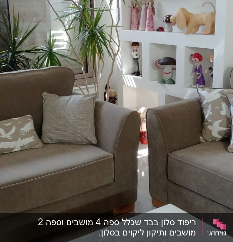 כריות נוי עם דוגמאות ציפורים על ספות חומות